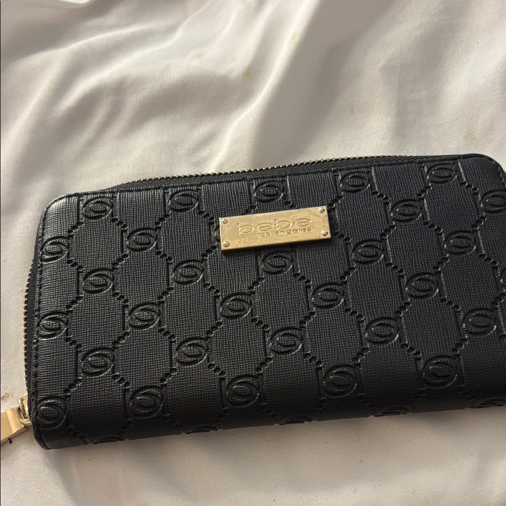 Bebe Black Embossed Wallet with Gold Accent